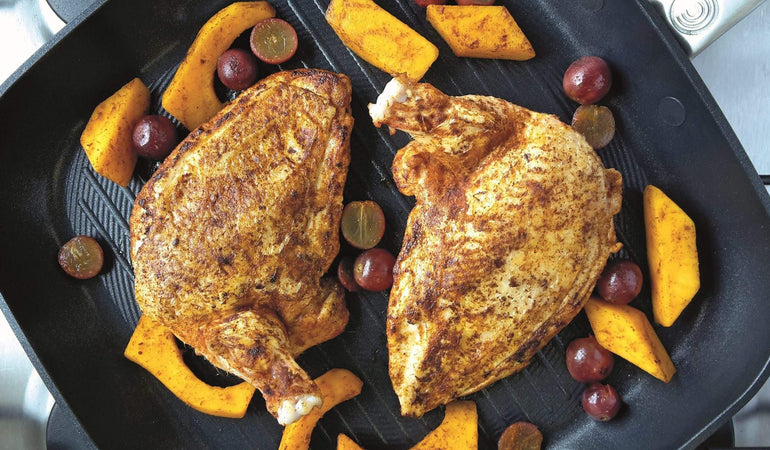 Spiced Supreme of Chicken Roasted Butternut Squash and Grapes, With Saffron Infused Barley