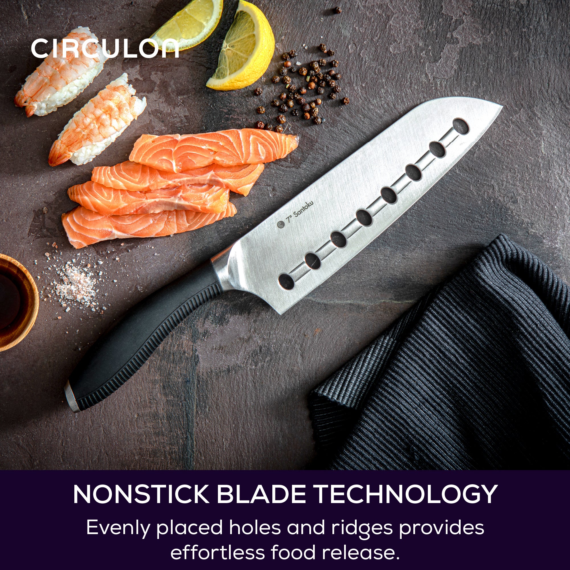 Santoku Knife on dark background with sliced sashimi. Text reads: Non-stick blade technology. Evenly placed holes and ridges provides effortless food release.