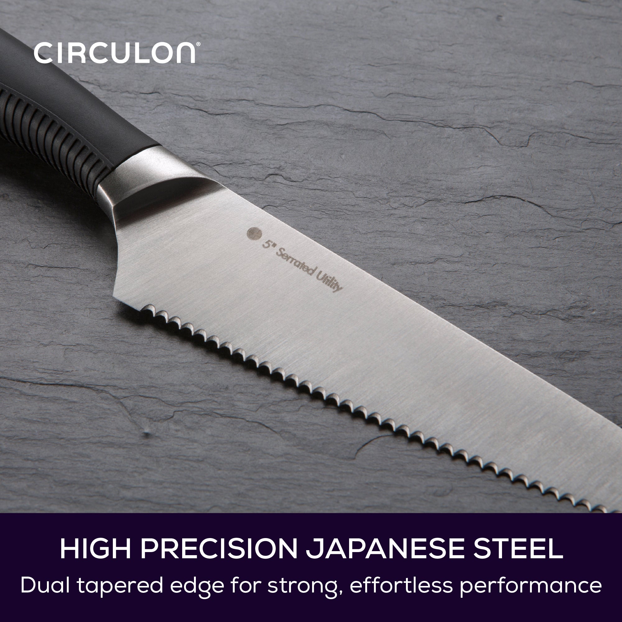Close up of serrated blade on utility knife. Text reads: High precision Japanese steel with dual tapered edge for strong, effortless performance.