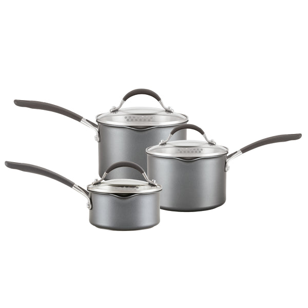 Shows saucepan set with small, medium and large saucepan with straining lids.