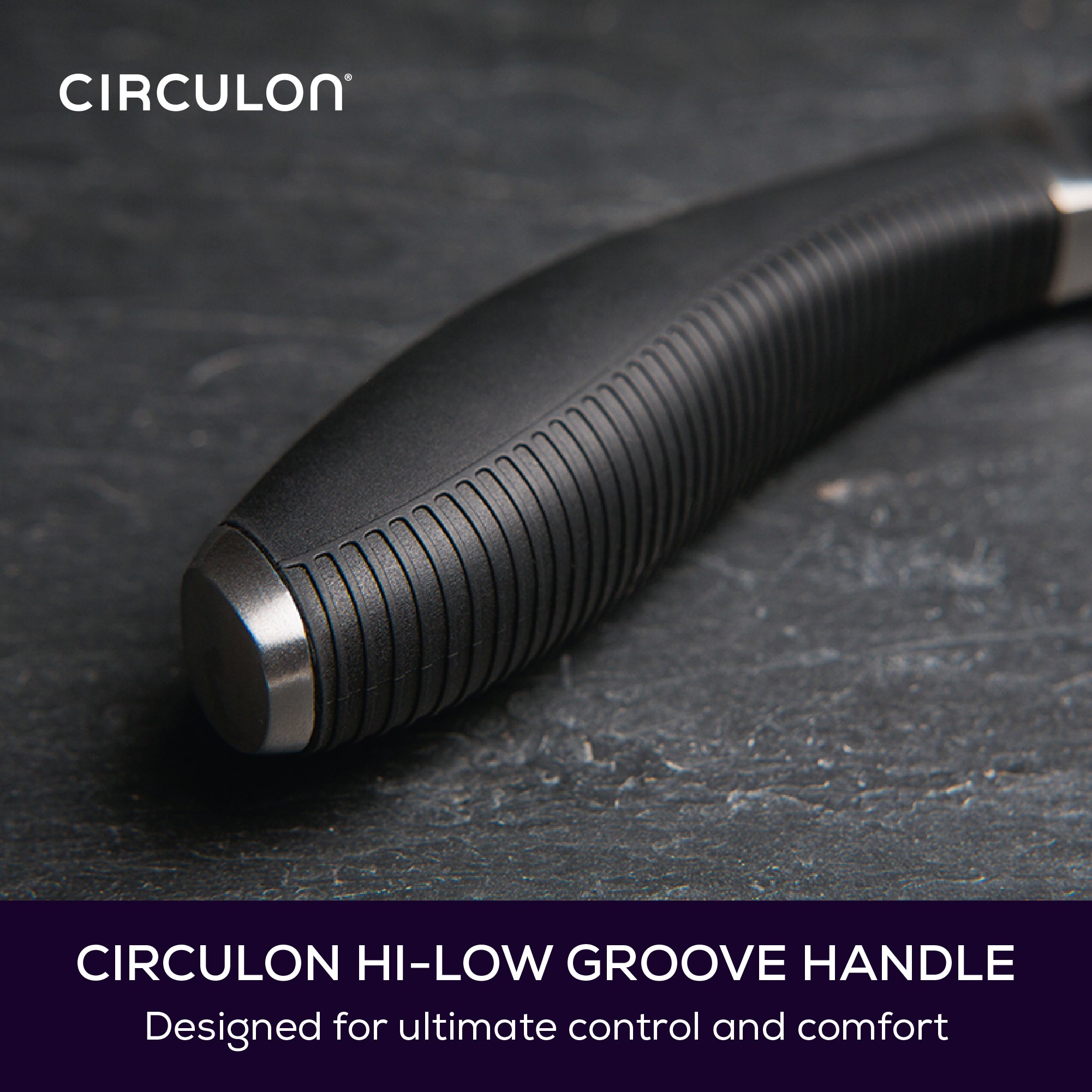 Close up of utility knife handle. Text reads: Circulon Hi-Low groove handle designed for ultimate control and comfort.