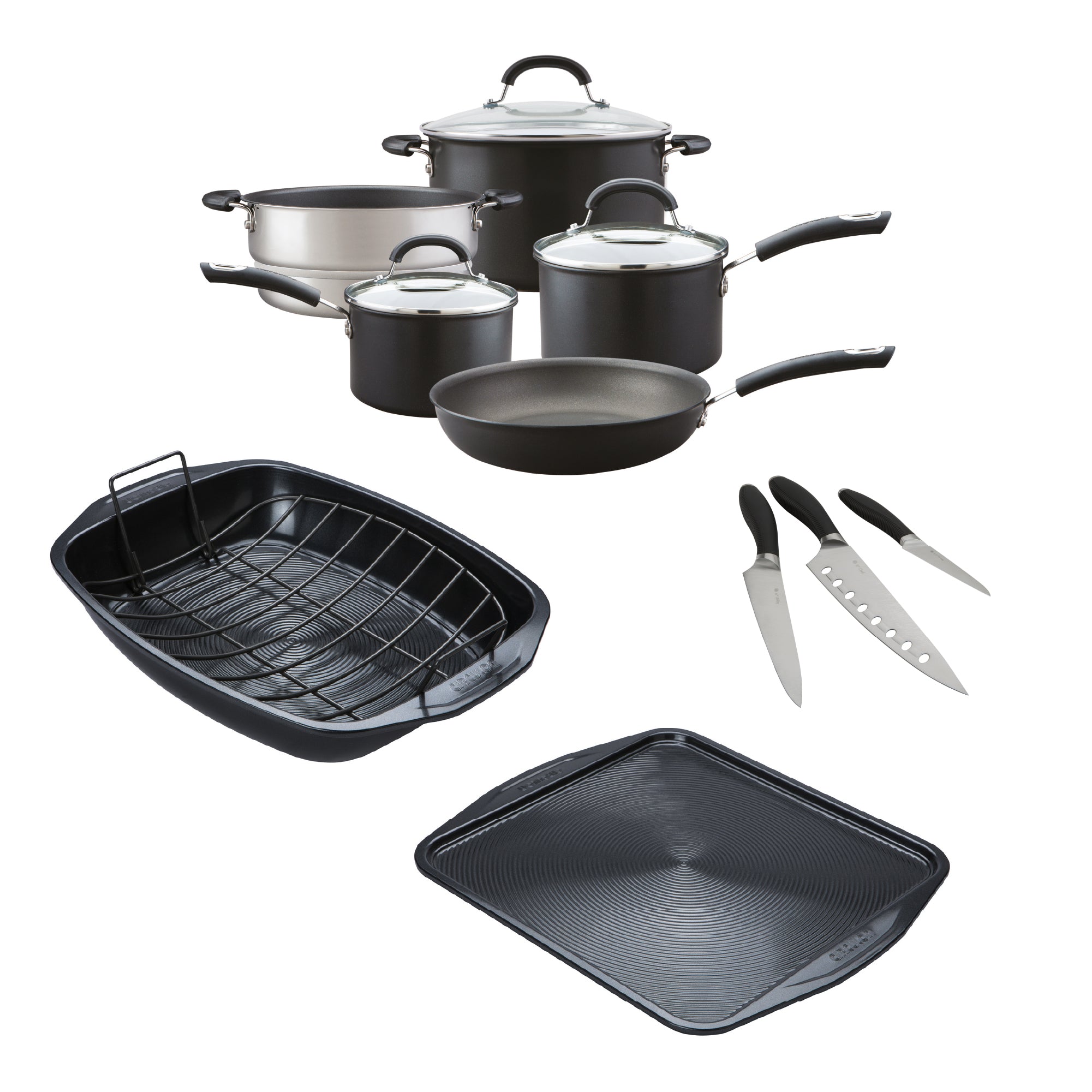 Exclusive Family Non-Stick Induction Pan Set, Oven & Roasting Tray & Knives Set - 10 Pieces