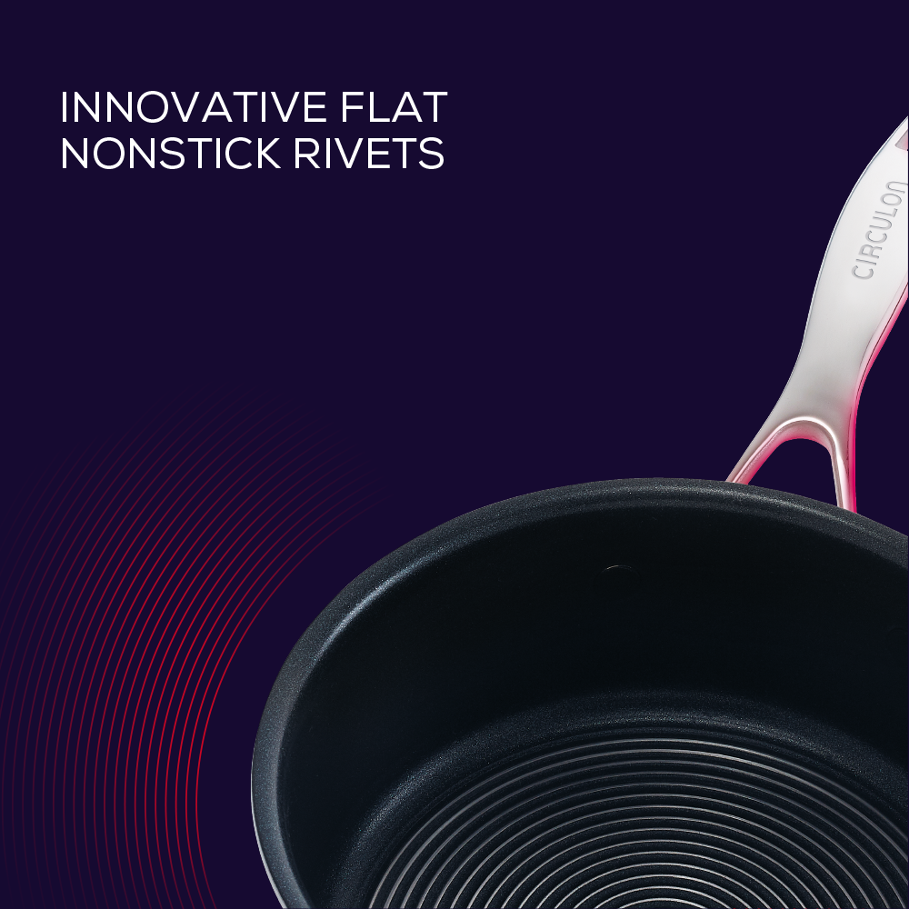 Innovative flat nonstick rivets make cleaning Circulon's stainless steel nonstick saucepan a breeze.