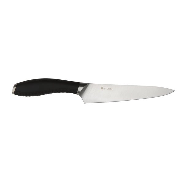 Product image of Utility Knife with black handle and 6" steel blade on a white background.