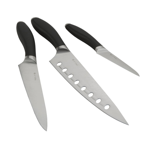 Three piece kitchen knife set with Japanese steel blades.