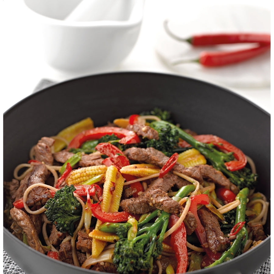 Stir-fried beef and noodles in a Circulon wok