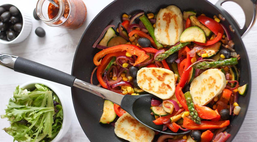 Halloumi stir-fry cooked in a Circulon wok