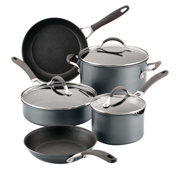 ScratchDefense 5 piece pan set: shows 2 non-stick frying pans, stock pot, sauté pan, saucepan.