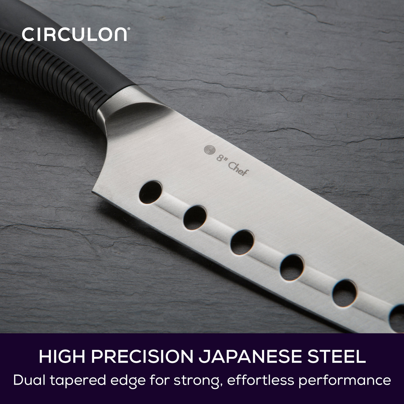 Close up of the Japanese steel blade on the Circulon cook's knife. Text reads: High precision Japanese steel with dual tapered edge for strong, effortless performance.