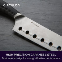 Close up of sharp Santoku Knife blade. Text reads: High precision Japanese steel with dual tapered edge for strong, effortless performance.