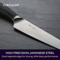 Close up of steel blade on the Utility Kitchen Knife. Text reads: High precision Japanese steel with dual tapered edge for strong, effortless performance