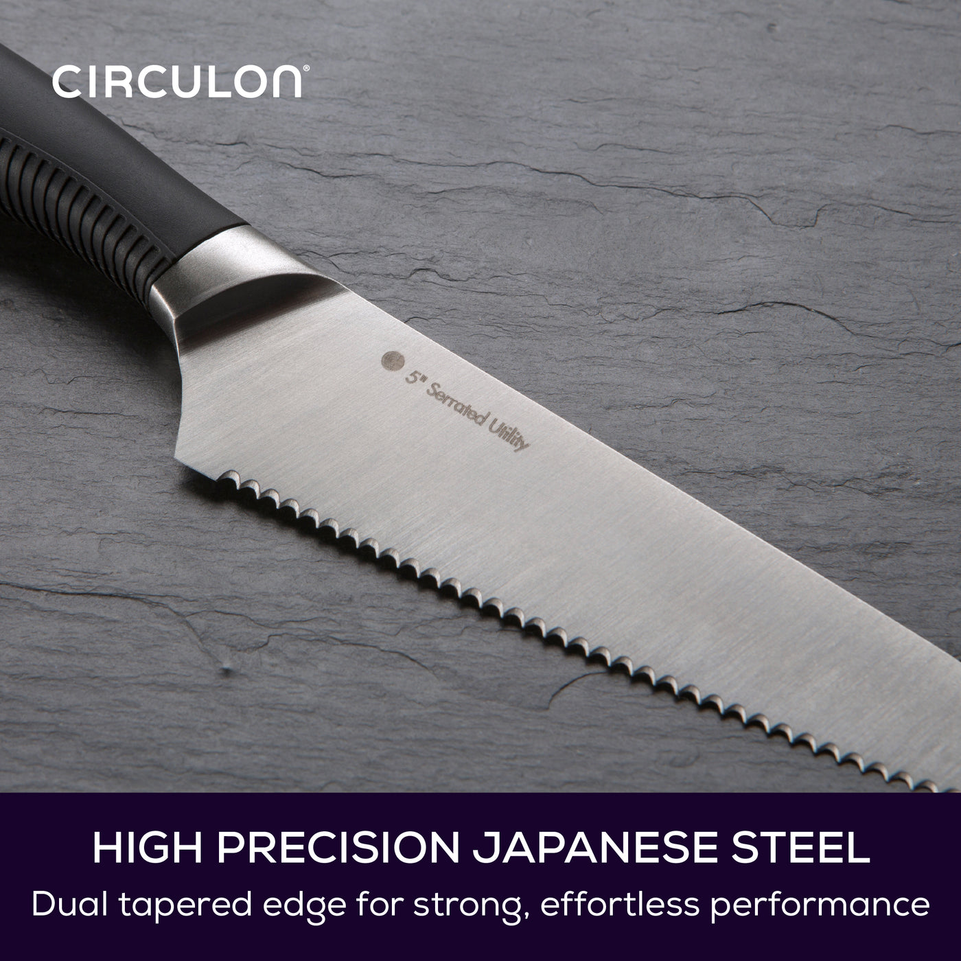 Close up of serrated blade on utility knife. Text reads: High precision Japanese steel with dual tapered edge for strong, effortless performance.