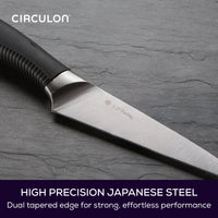 Close up of blade on paring knife. Text reads: High precision Japanese steel. Dual tapered edge for strong, effortless performance.