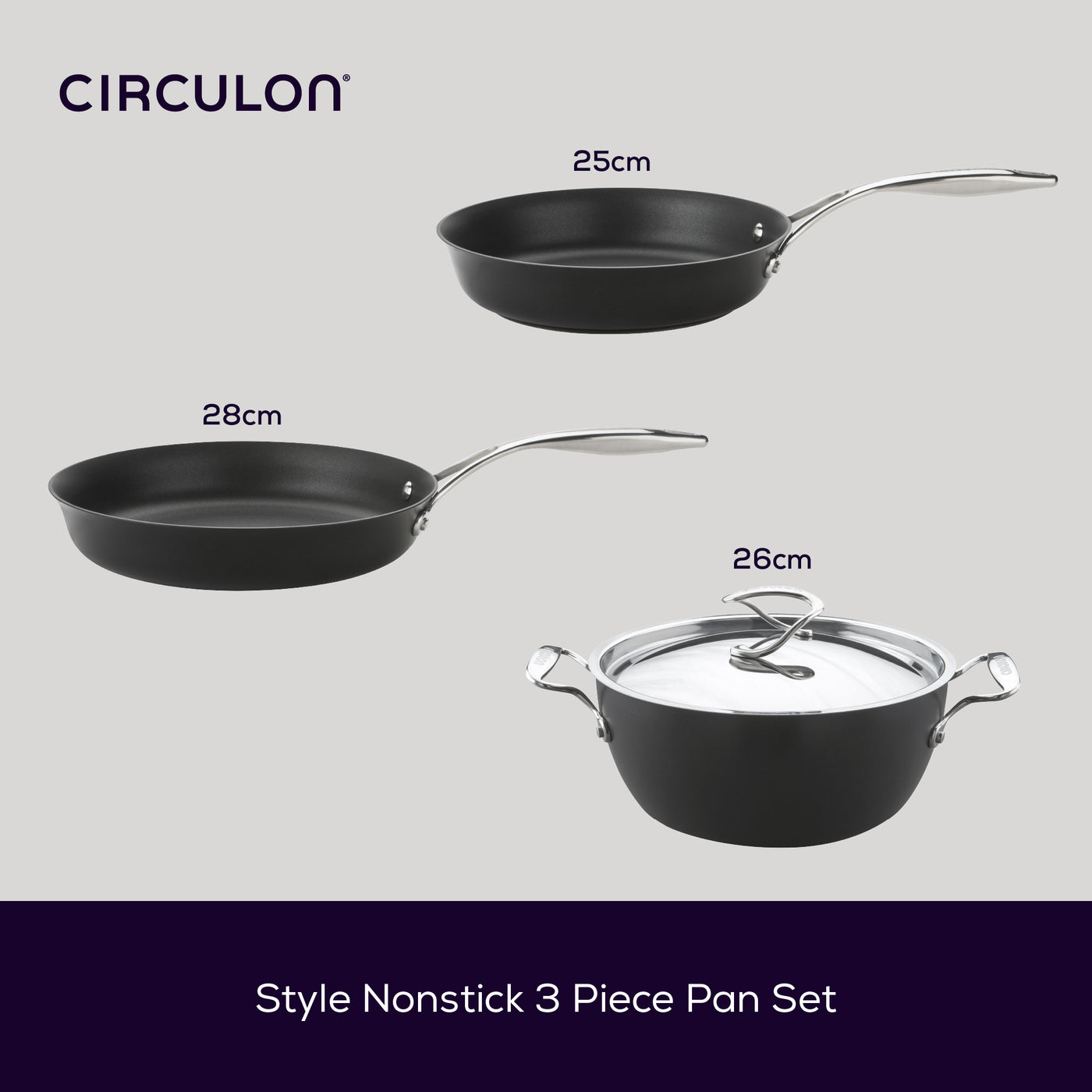 Style Non-Stick Frying Pan & Casserole Pan Set - 3 Pieces
