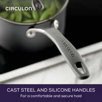 Image shows silicone coated handle of ScratchDefense saucepan. Text reads: Cast steel and silicone handles for a comfortable and secure hold.