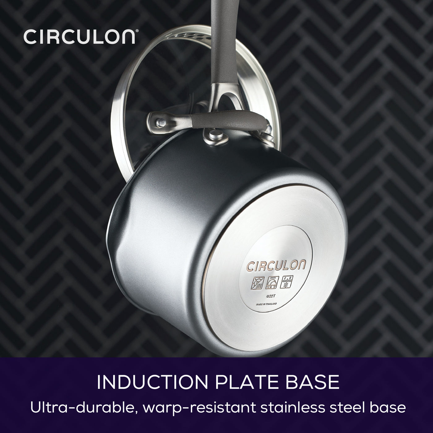 Image shows induction base on the saucepan. Text reads: Induction plate base. Ultra-durable, warp-resistant stainless steel base.