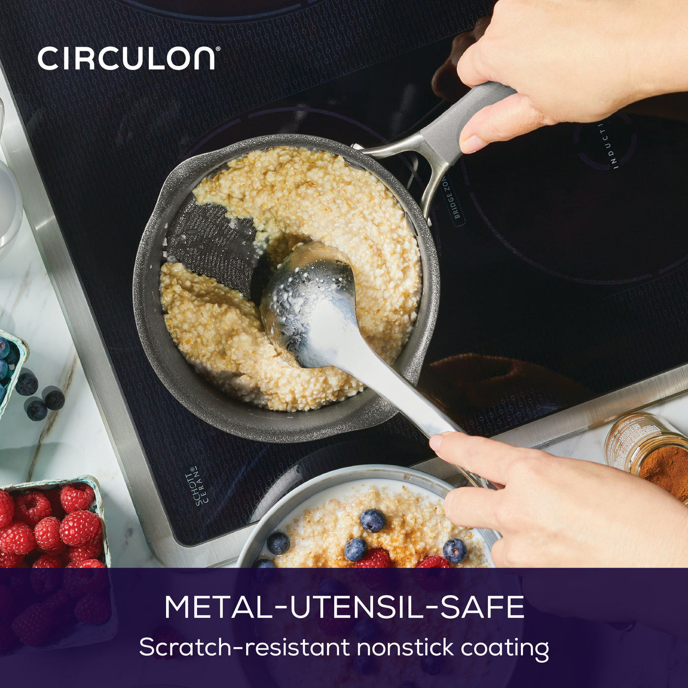 Image shows someone stirring porridge in a ScratchDefense small saucepan with a metal spoon. Text reads: metal-utensil safe. Scratch resistant nonstick coating.