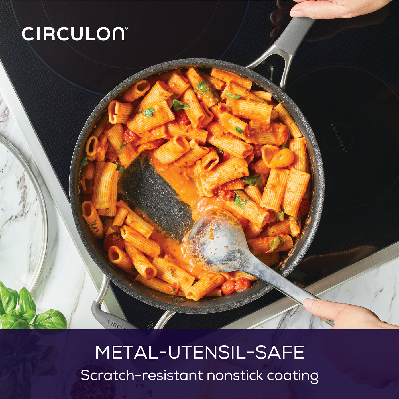 Image of Scratchefense sauté pan with person stirring pasta with a metal spoon. Text reads: Metal-utensil safe. Scratch-resistant nonstick coating.