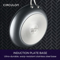 Image of induction base on frying pan. Text reads: induction plate base. Ultra-durable, warp-resistant stainless steel base.