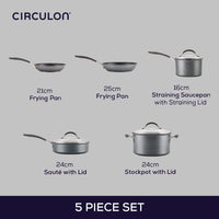 Image shows 5 piece pan set: 21cm Frying Pan, 25cm Frying Pan, 16cm Straining Saucepan with Lid, 24cm Sauté pan with Lid, 24cm Stockpot with Lid. 