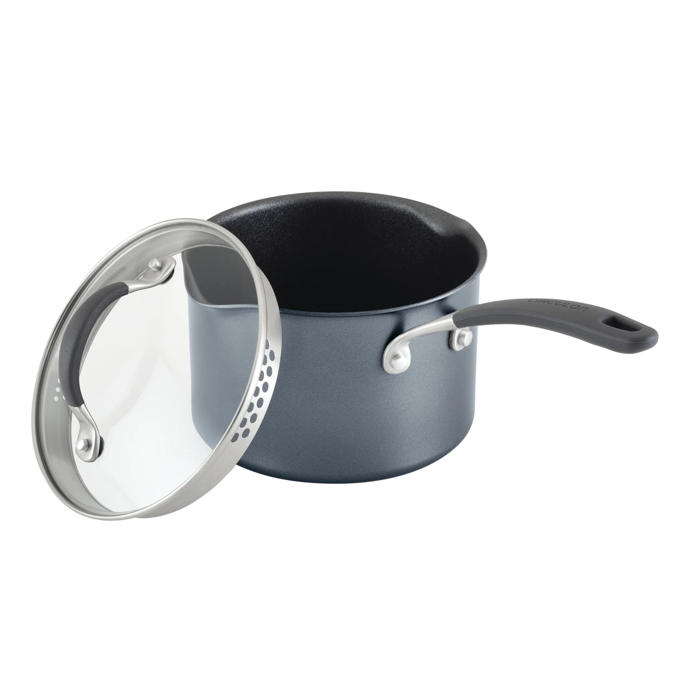 Non-stick ScratchDefense saucepan from Circulon, with straining lid balanced against the side.