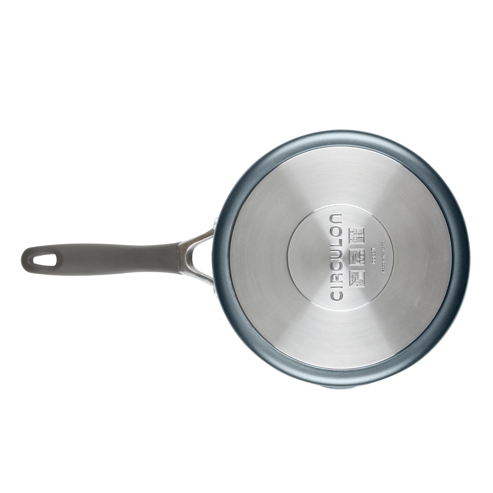 Image showing bottom of the ScratchDefense saucepan, stamped with the Circulon logo.