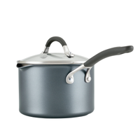 Side view of the ScratchDefense nonstick saucepan with glass lid on top.