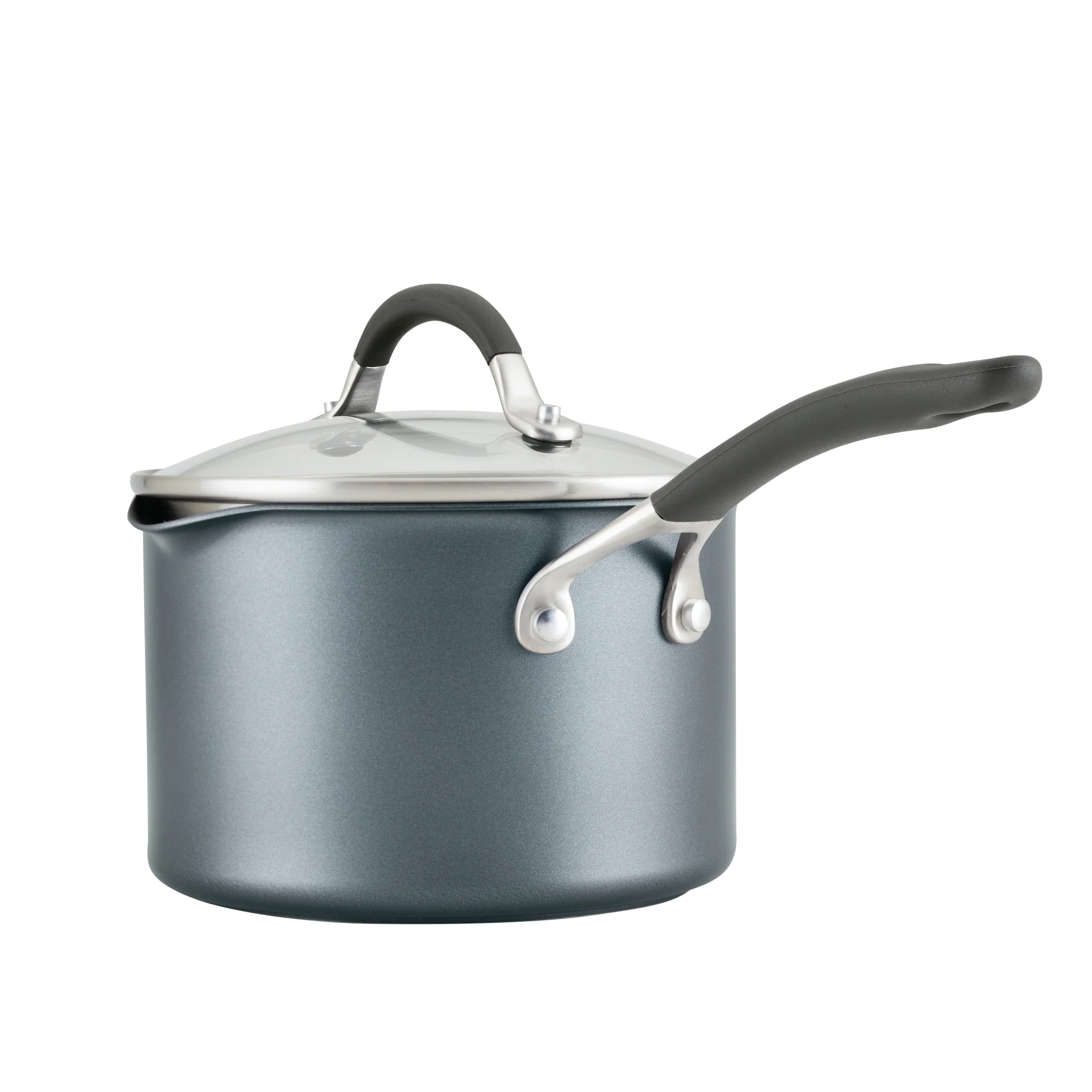 Side view of the ScratchDefense nonstick saucepan with glass lid on top.