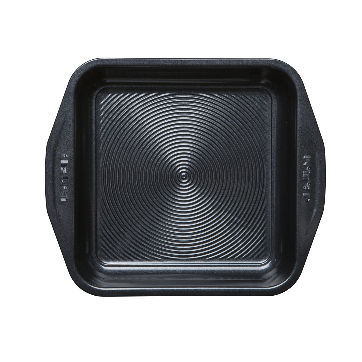 Top down view of a square cake tin showing the iconic Circulon circles