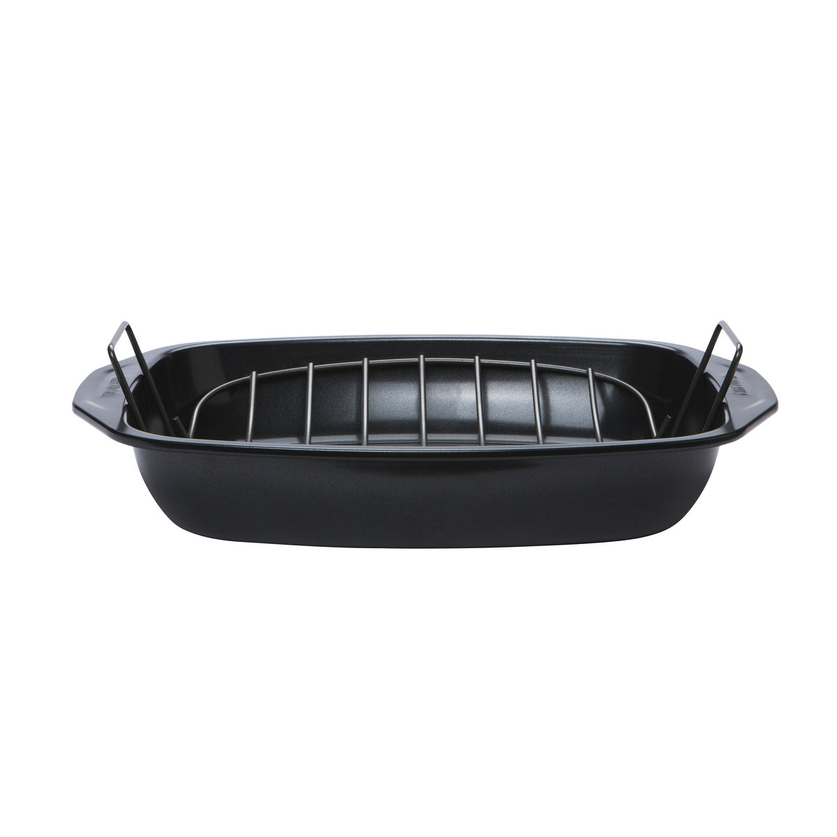 Side-view of non-stick roasting tin with tray.