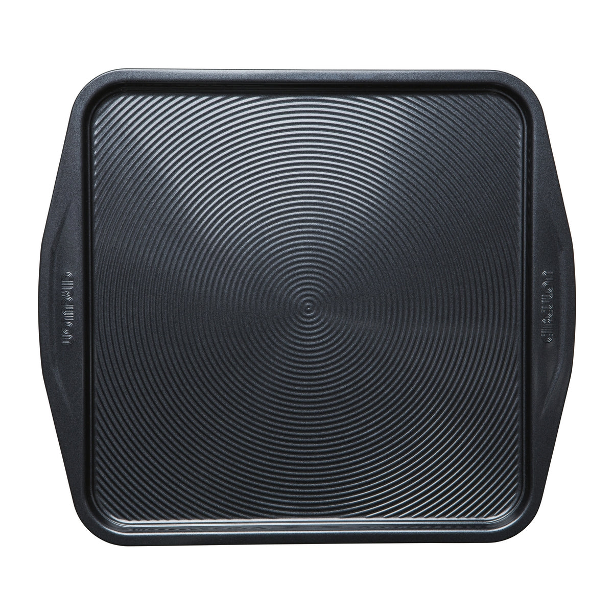 Top down view of square baking tray, displaying iconic Circulon circles.