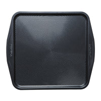 Top down view of square baking tray, displaying iconic Circulon circles.