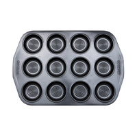 Top down of 12 cup baking tin for buns, tarts, and mini pies.
