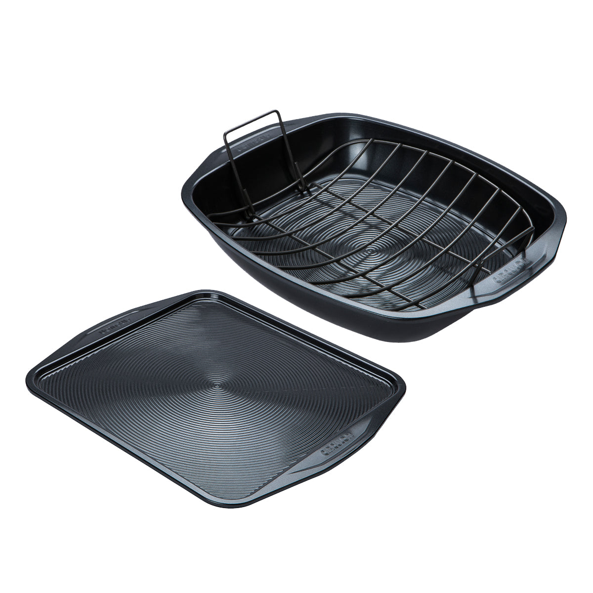 Shallow baking tray next to deep roasting tin with rack from Circulon.