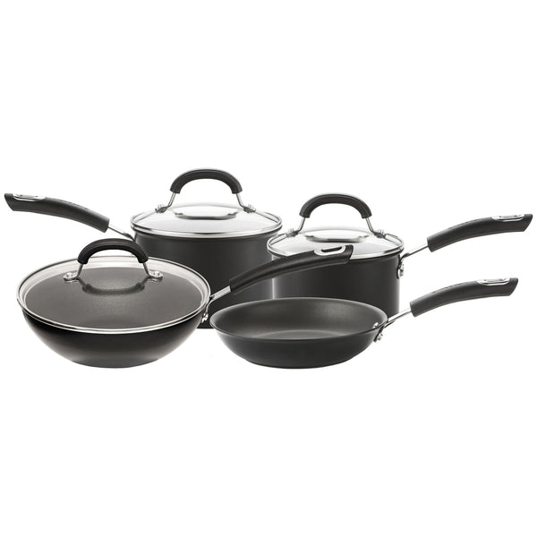 Total 4 piece induction pan set features 16cm & 18cm saucepans, 22cm skillet & 24cm covered stir fry pan