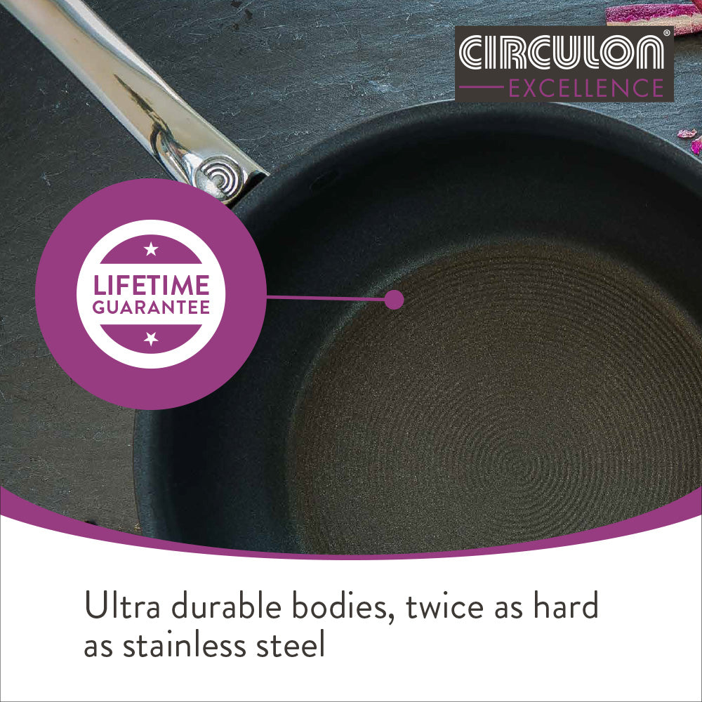 Circulon Excellence non stick chef pan features hard anodized body thats twice as hard as stainless steel, for quality that lasts