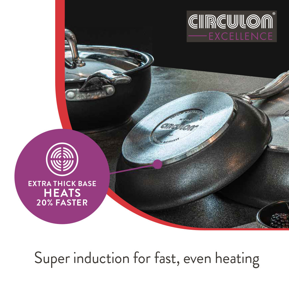 Excellence chef pan features extra thick base, for fast, even heating on all stovetops including induction