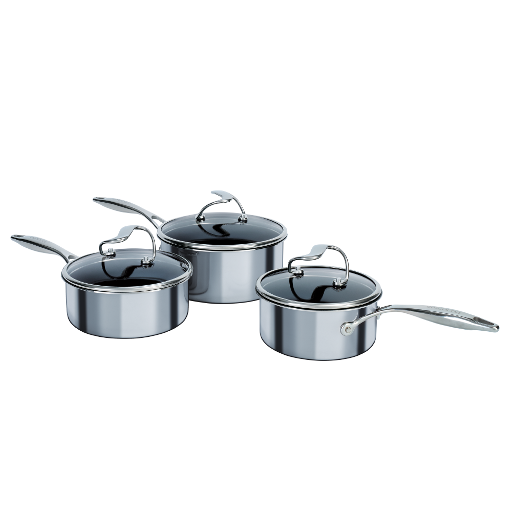 SteelShield™ Polished Stainless Steel Hybrid Non Stick Saucepan & Lid Set 3 Pieces