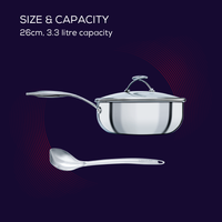 This 26cm stainless steel nonstick chef's pan from SteelShield has a 3.3 litre capacity, and comes with lid and stylish stay cool handles, as well as complimentary metal scraping spoon.