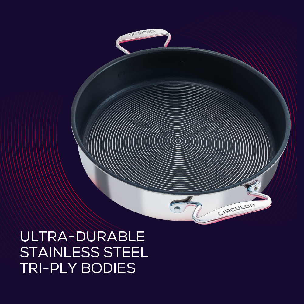 With ultra durable tri-ply body, our stainless steel nonstick sauteuse is built for bold cooking.  