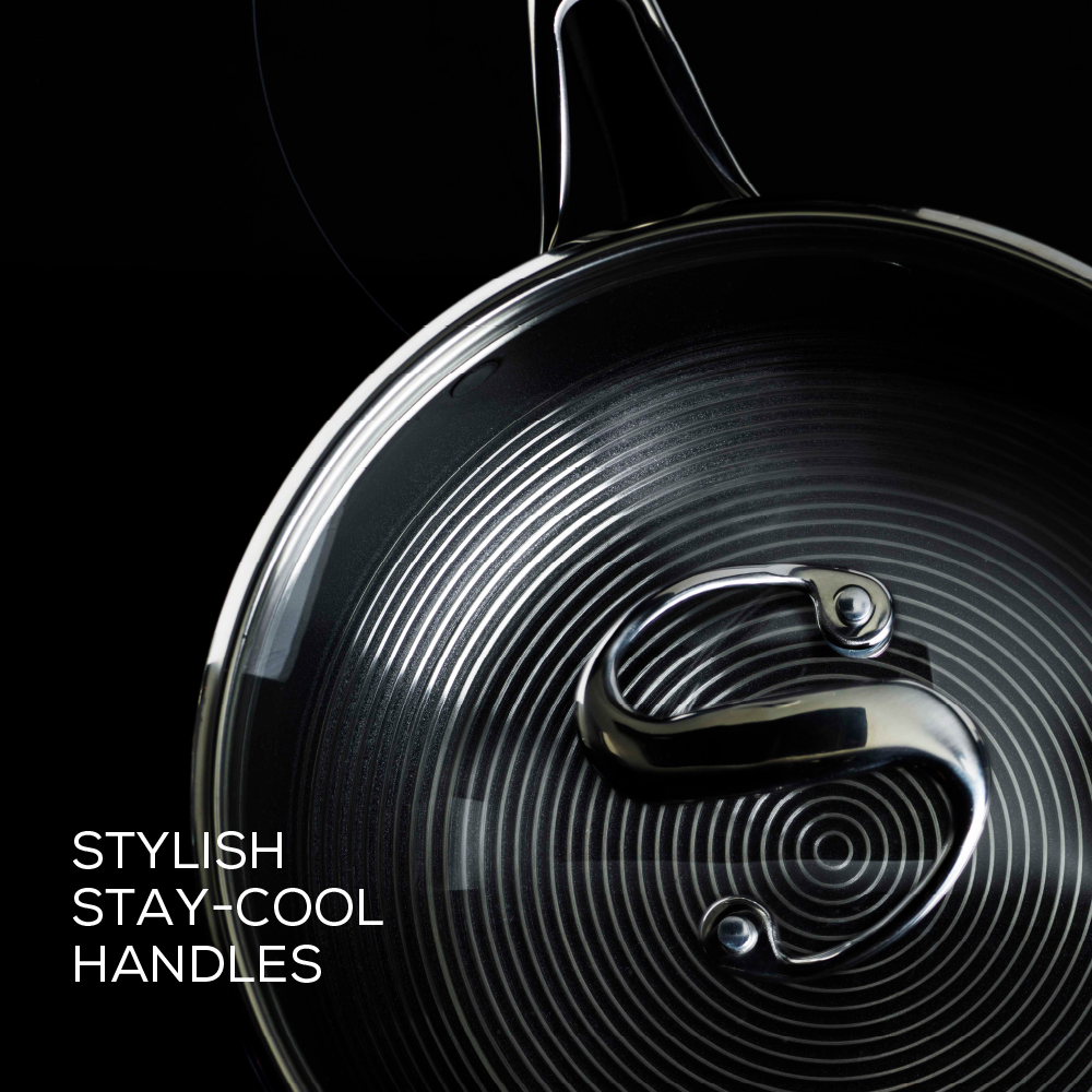 Stainless steel nonstick sauté pan with lid features stylish stay cool handles.  Discover Circulon's SteelShield range.