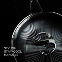 Stainless steel nonstick sauté pan with lid features stylish stay cool handles.  Discover Circulon's SteelShield range.