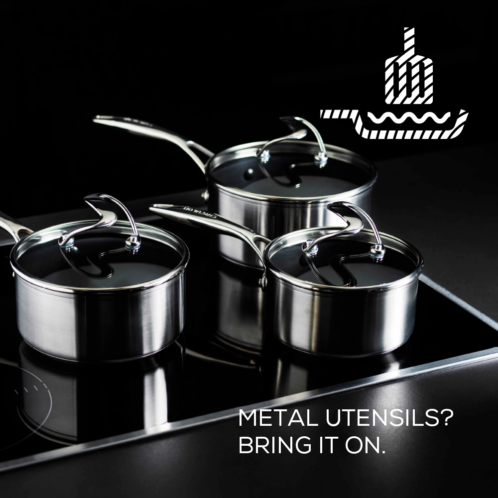 Metal utensils? Bring it on with Circulon's Steelshield stainless steel nonstick saucepan set.