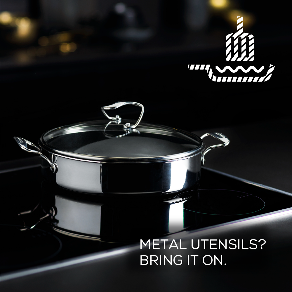 Steelshield's stainless steel nonstick sauteuse is metal utensil safe and scratch resistant.