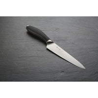 Image shows 6" Utility Knife with steel blade and black handle. 