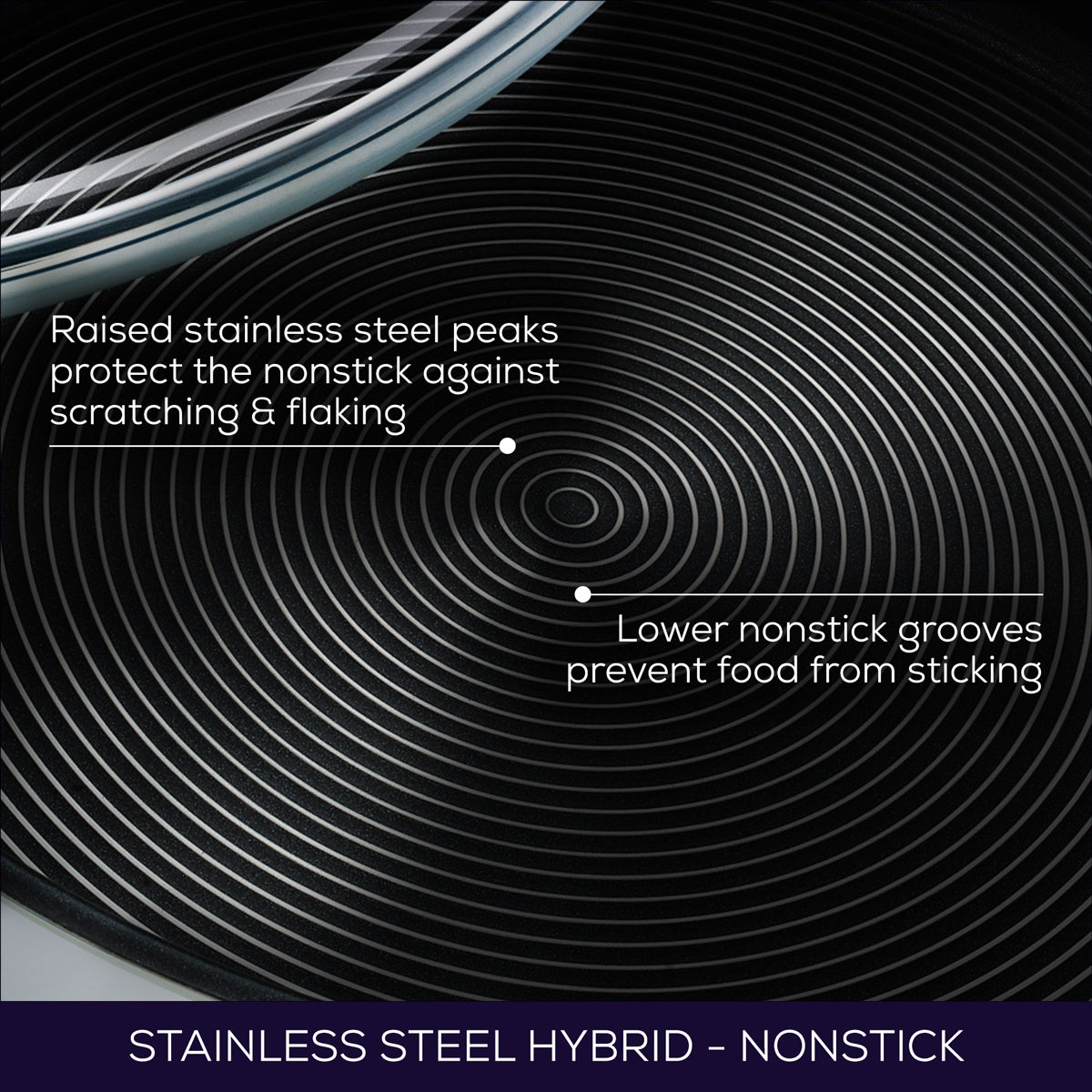 Raised stainless steel peaks protect against scratches & damage, while lower non stick grooves prevent food from sticking