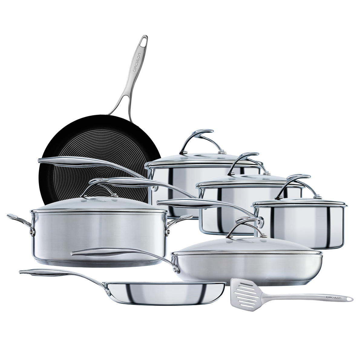 SteelShield™ Brushed Stainless Steel Hybrid Non-Stick Frying Pan, Saucepan, Stockpot, Sauté Pan & Utensil Set - 7 Pieces